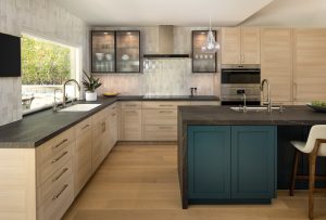 Personalized Kitchen design -Kitchen with Moody blue green island cabinets with Oregon Pine Cabinets with grey matte counters